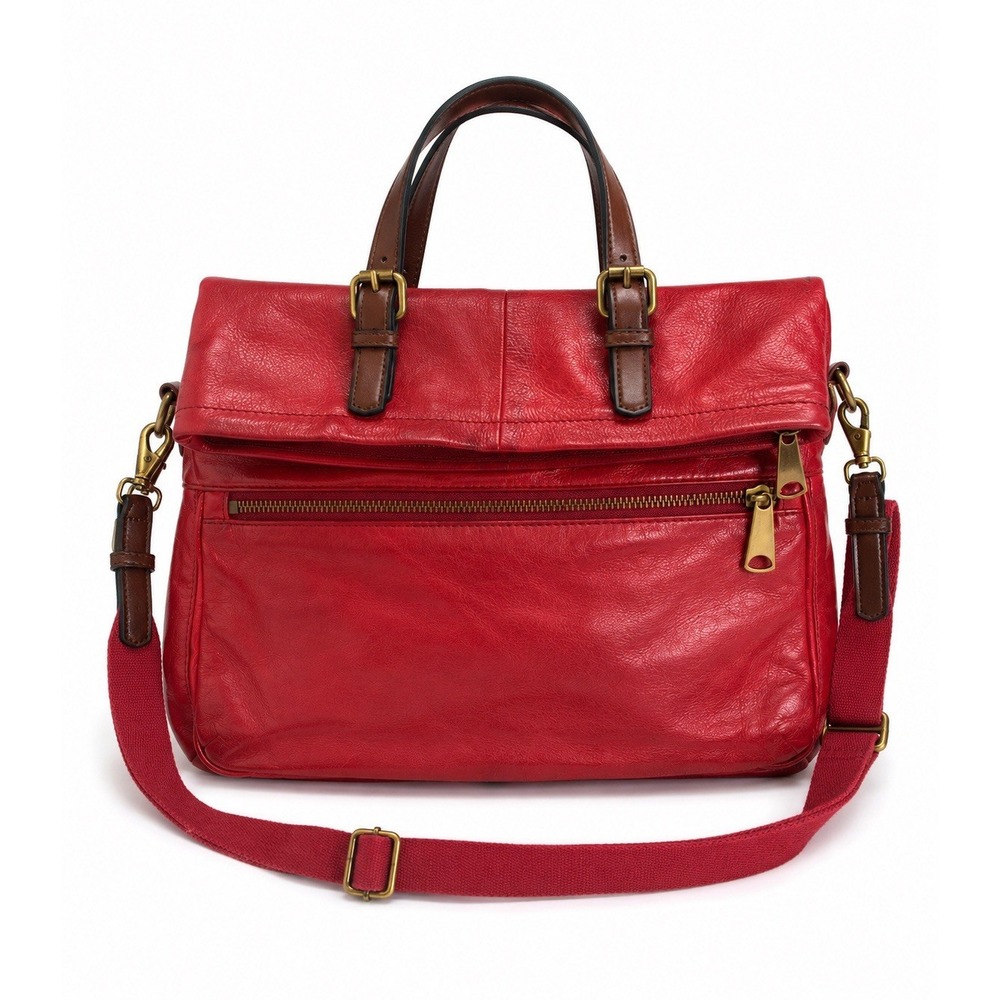 Fossil Explorer Red Leather Fold Over Crossbody Tote Messenger Bag Pocket Purse